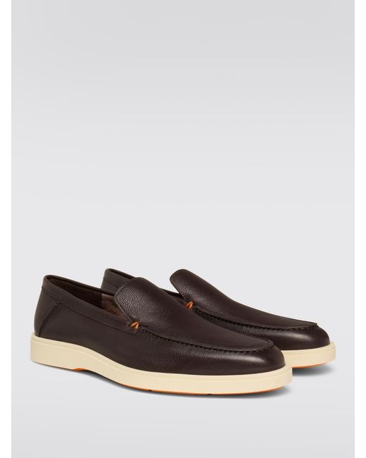 Santoni Brown Grain Leather Loafers for men