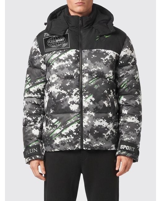 Philipp Plein Black Hooded Camouflage Puffer Jacket for men