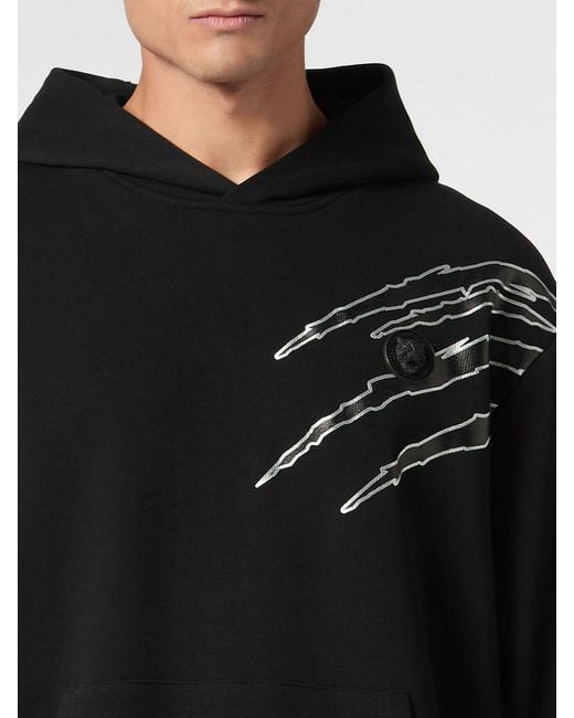 Philipp Plein Black Cotton Hoodie With Graphic Print And Hexagon Logo for men