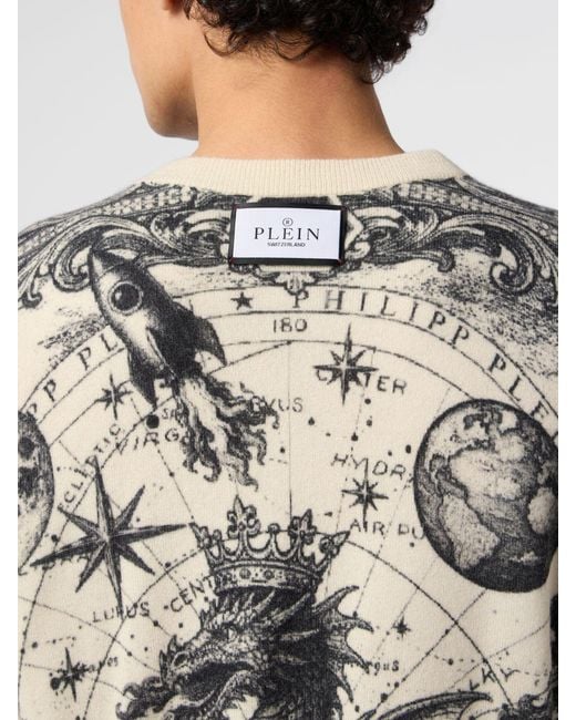 Philipp Plein Gray Cashmere Crew-Neck Jumper With Graphic Print And Back Logo for men