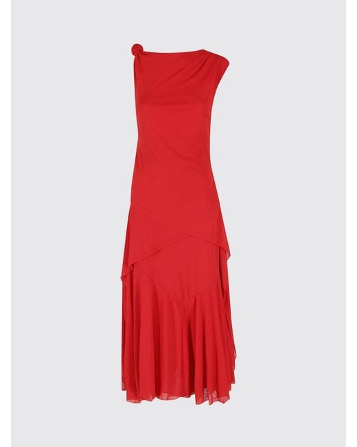 Ganni Red Asymmetrical Off-The-Shoulder Midi Dress