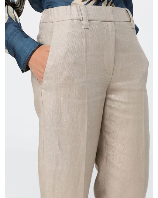 Brunello Cucinelli Natural Straight Linen Trousers With Nickel-Free Monili