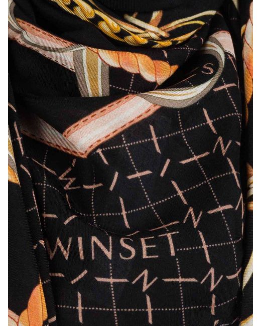 Twinset Black Viscose Scarf With Chain Print