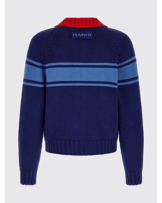Marni Blue Striped Cotton Turtleneck Cardigan With Zip Closure for men