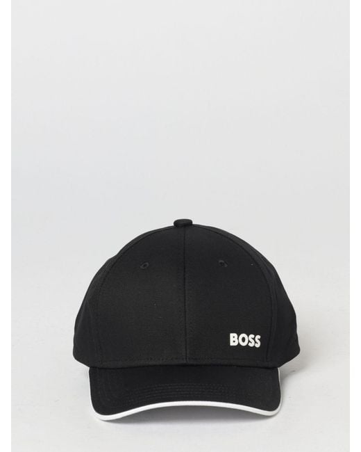 Boss Black Cotton Hat With Logo Print for men