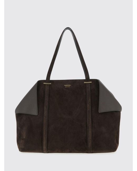 Ferragamo Black Suede Tote Bag With Flaps