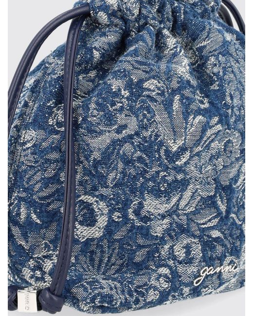 Ganni Blue Mini Floral Jacquard Cotton Bucket Bag