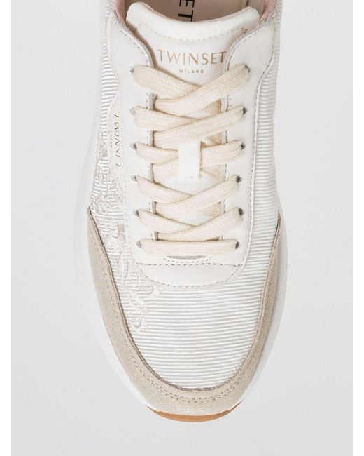 Twinset White Embroidered Leather And Twill Low-Top Sneakers With Suede Details