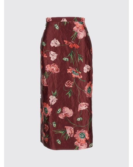 Erdem Red Floral Satin High-Waisted Midi Pencil Skirt