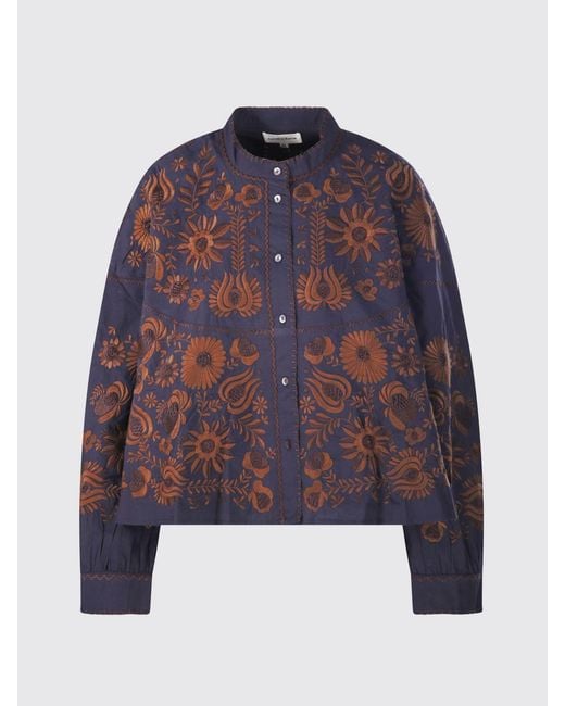Antik Batik Blue Floral Print Cotton Shirt With Mandarin Collar