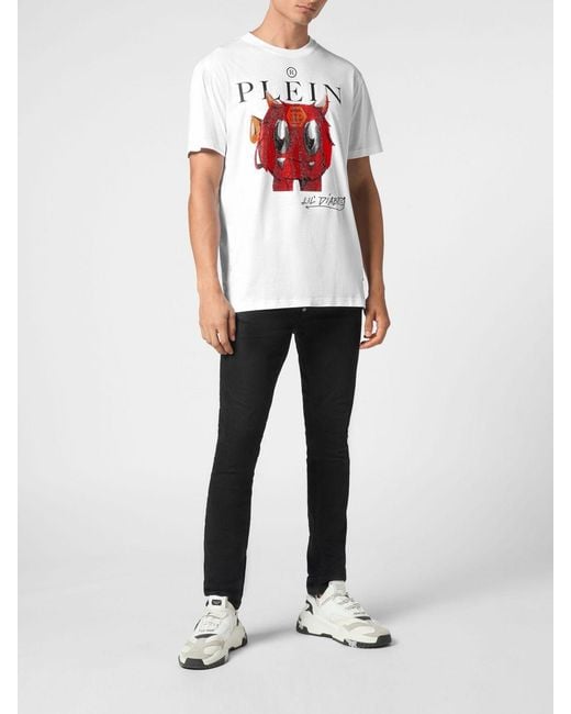 Philipp Plein White Cotton T-Shirt With Graphic Print And Rhinestone Applications for men