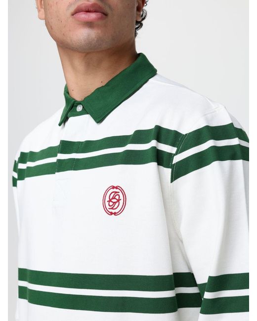 Drole de Monsieur Green Striped Long-Sleeve Cotton Polo Shirt With Logo for men