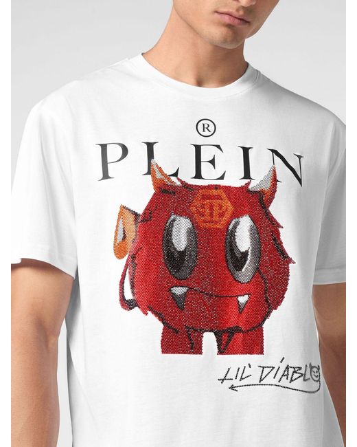 Philipp Plein White Cotton T-Shirt With Graphic Print And Rhinestone Applications for men