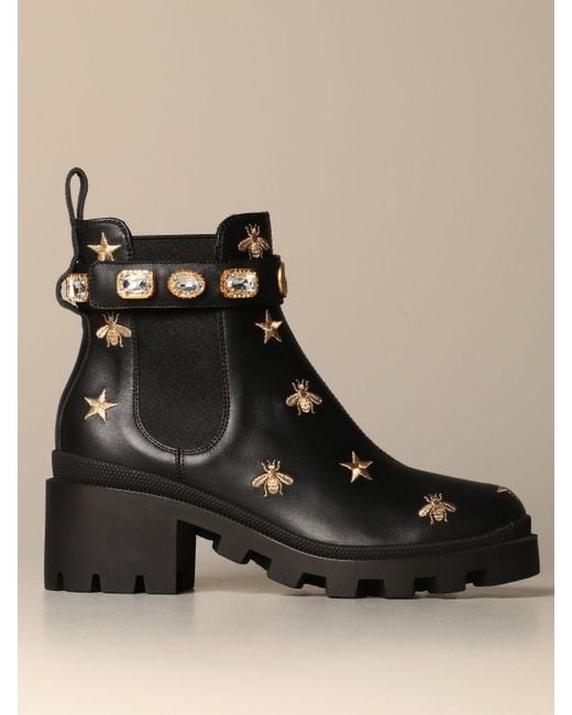 Gucci Black Embroidered Leather Ankle Boot With Belt