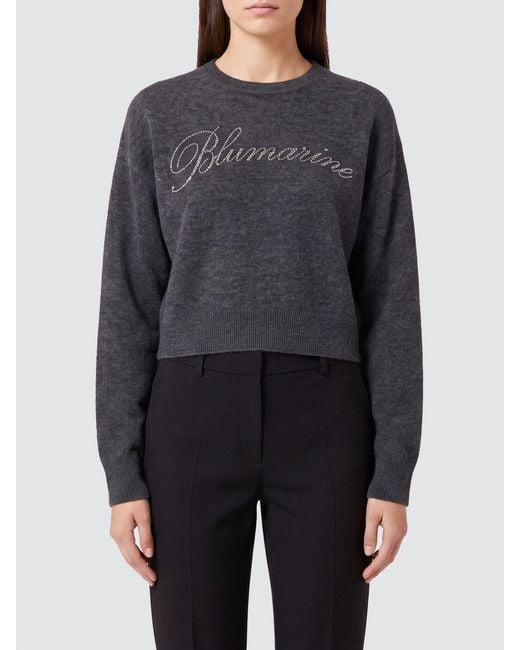 Blumarine Gray Rhinestone Logo Wool Crewneck Jumper With Dropped Shoulders