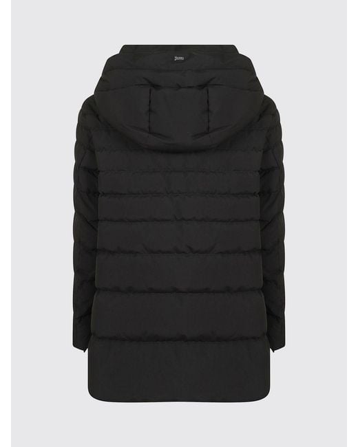 Herno Black Knee-Length Quilted Nylon Down Jacket With Removable Hood
