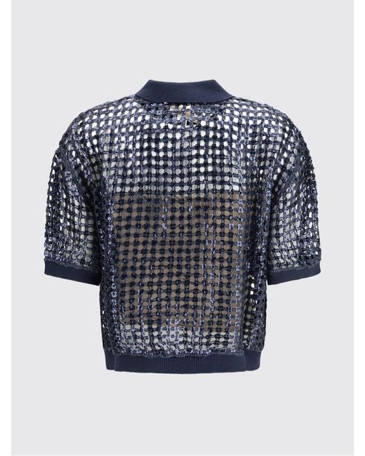 Brunello Cucinelli Blue Silk And Linen Polo Shirt With Sequins