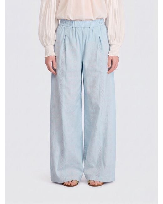 Semicouture Blue Jhonny Embroidered Cotton Palazzo Trousers