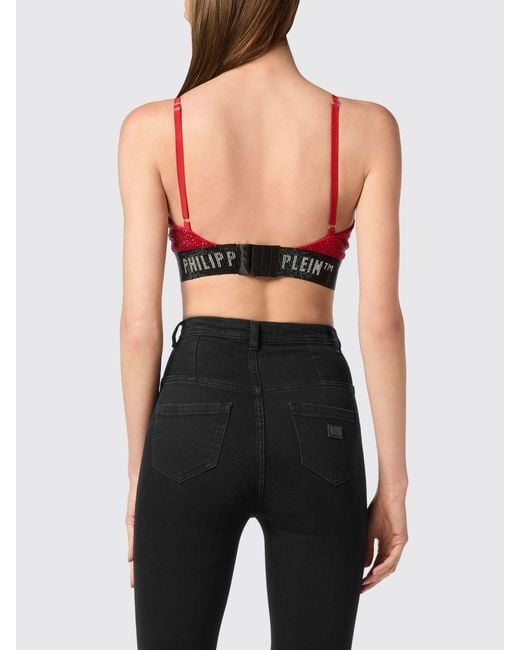 Philipp Plein Black Cropped Jersey Bralette Top With Rhinestone Logo