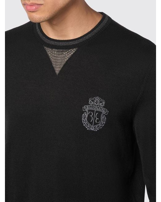 Billionaire Black Wool Blend Crewneck Jumper With Embroidered Logo And Ribbed Trims for men