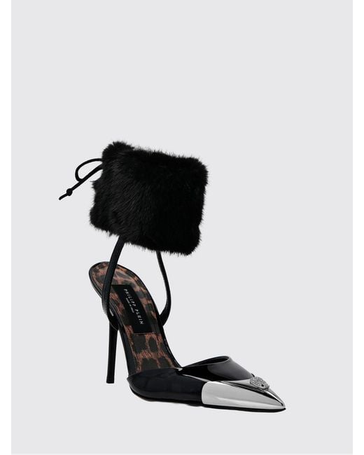 Philipp Plein Black Patent Leather Slingback Pumps With Skull And Stiletto Heel