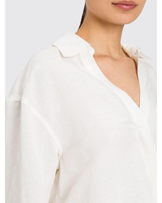Twinset White Cropped Linen-Blend Shirt With Elasticated Hem