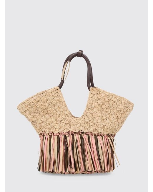 Zimmermann Natural Goldentime Striped Crochet Raffia Handbag With Fringes