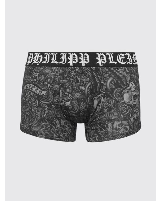 Philipp Plein Black Stretch Cotton Blend Boxer Shorts With Tattoo Print for men