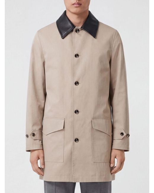 Burberry Natural Knee-Length Cotton Trench Coat With Contrast Leather Collar for men