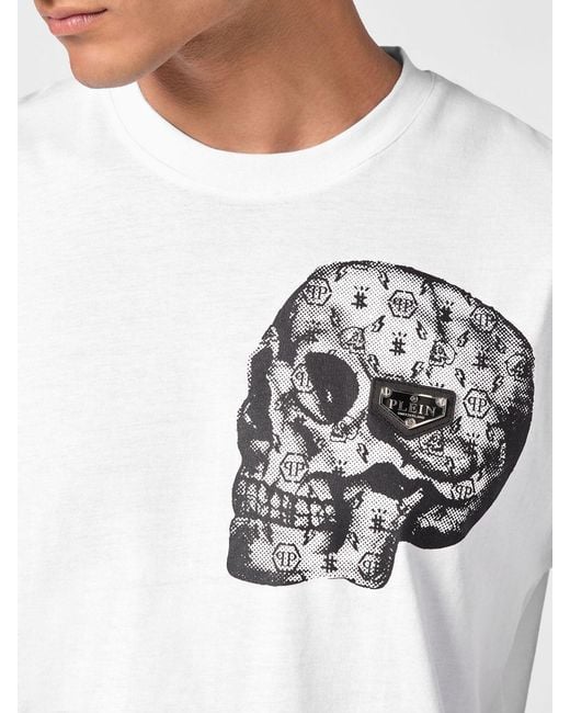 Philipp Plein White Cotton T-Shirt With Skull Print And Hexagon Logo for men