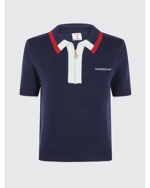 Casablanca Blue Wool Knit Polo Shirt With Zip And Contrast Trims