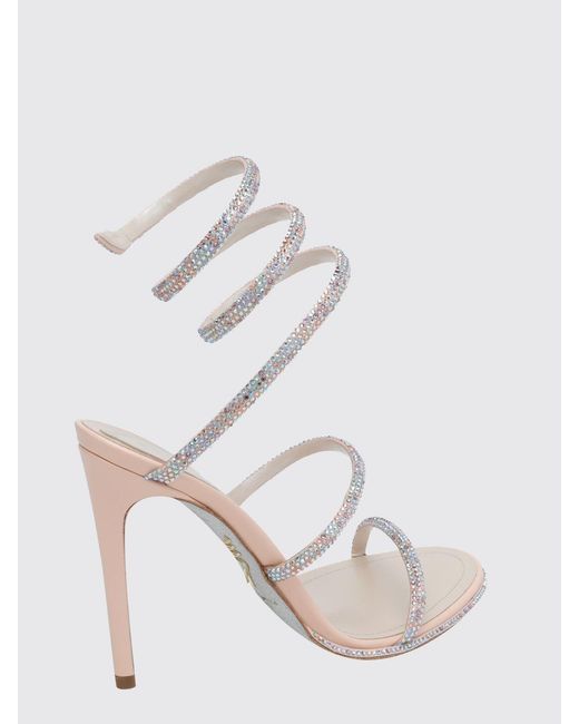 Rene Caovilla White Cleo Fabric Sandals With Rhinestones And Spiral Snake Strap