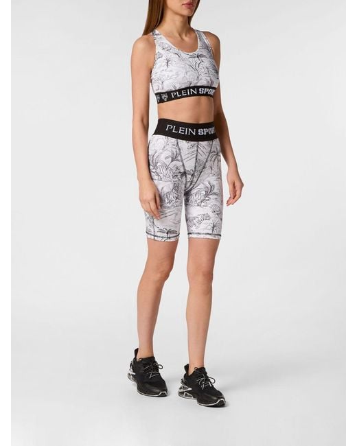 Philipp Plein White Cropped Tropical Print Jersey Sports Top With Criss-Cross Straps