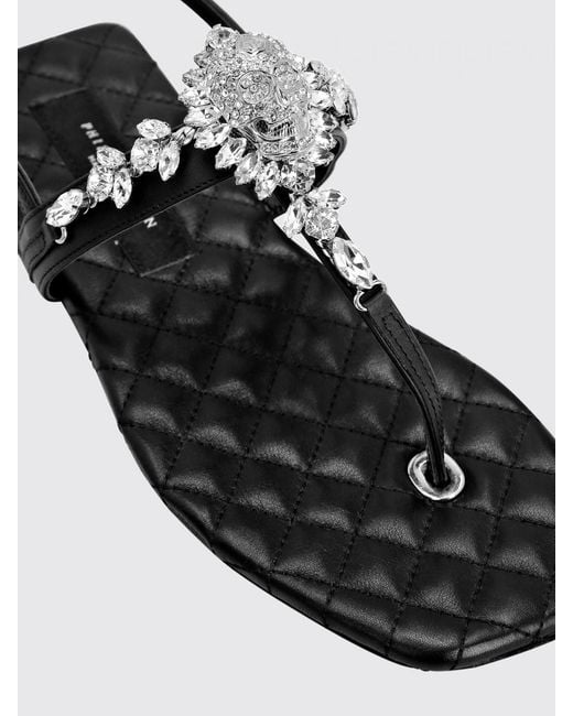 Philipp Plein Black Leather Thong Sandals With Low Heel And Ankle Strap