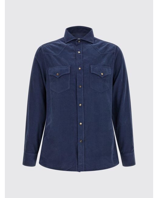 Brunello Cucinelli Blue Slim Fit Velvet Shirt With French Collar And Pockets for men
