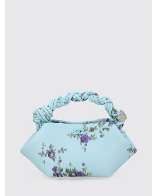 Ganni Blue Bou Floral Recycled Leather Handbag With Braided Handle