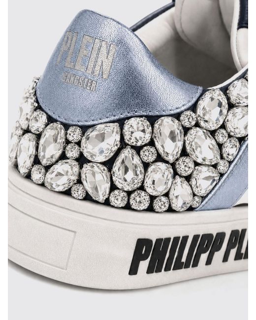 Philipp Plein White Skull Print Leather Low-Top Sneakers With Crystals