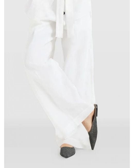 Brunello Cucinelli White Suede And Mesh Nylon Mules With Monili