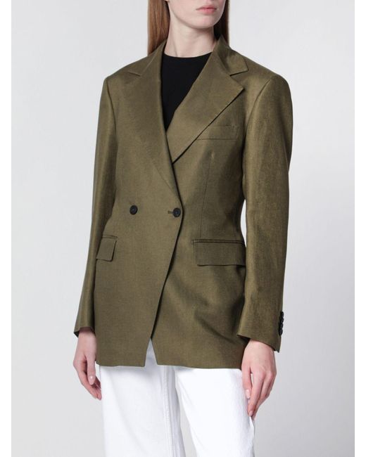 Tagliatore Green Double-Breasted Linen Blazer With Lapel Collar