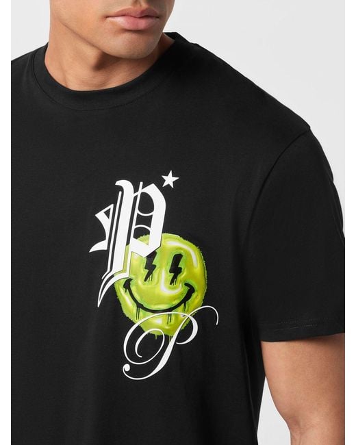 Philipp Plein Black Cotton T-Shirt With Graphic Print And Contrasting Logo for men