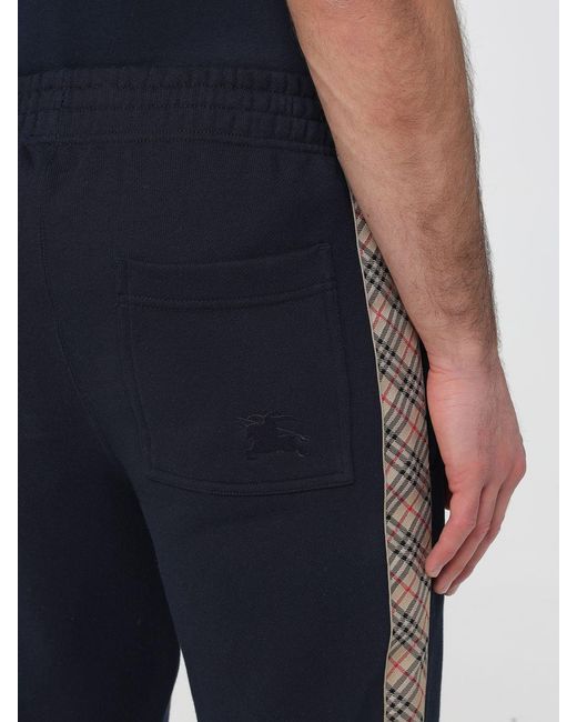 Burberry Blue Cotton Jogging Pants With Check Bands for men