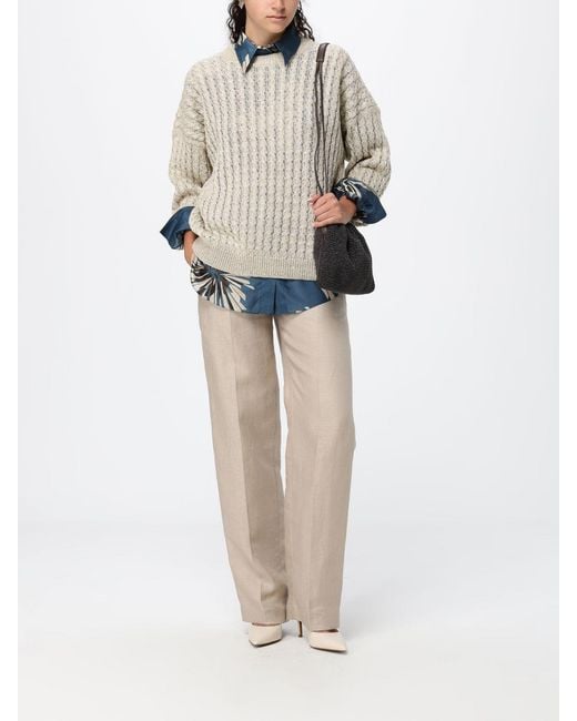 Brunello Cucinelli Natural Straight Linen Trousers With Nickel-Free Monili