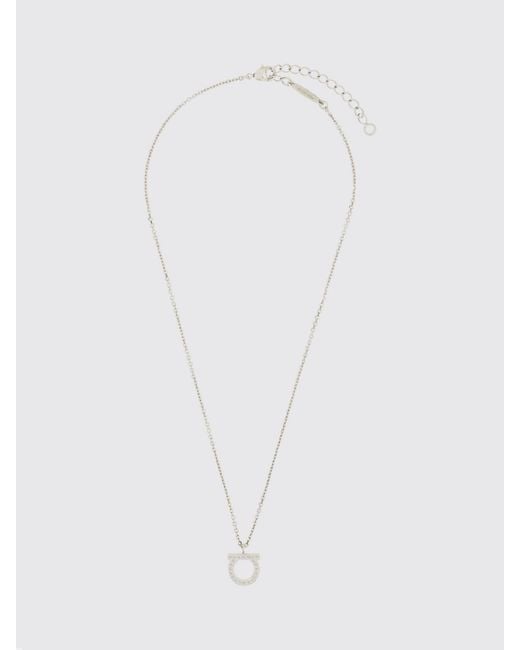 Ferragamo White Tone Brass Logo Necklace With Glass Details