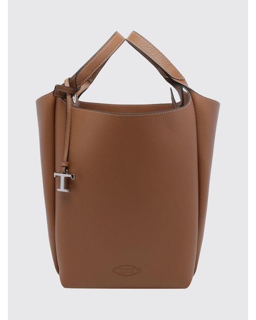 Tod's Brown Hammered Leather Bucket Bag With Double Handle And Charm