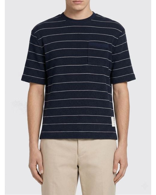 Thom Browne Blue Striped Cotton And Linen T-Shirt for men