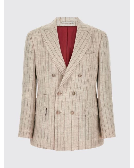 Brunello Cucinelli Natural Striped Double-Breasted Linen Blazer With Peak Lapels for men