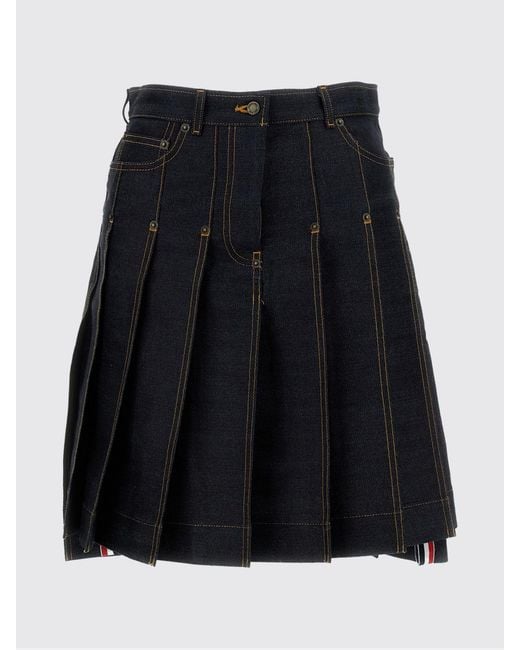 Thom Browne Blue High-Waisted Pleated Denim Midi Skirt With Flag Logo