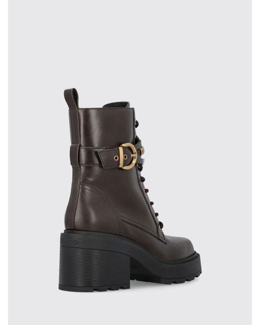 Pinko Brown Altea Leather Combat Boots With Lug Sole And Medium Heel