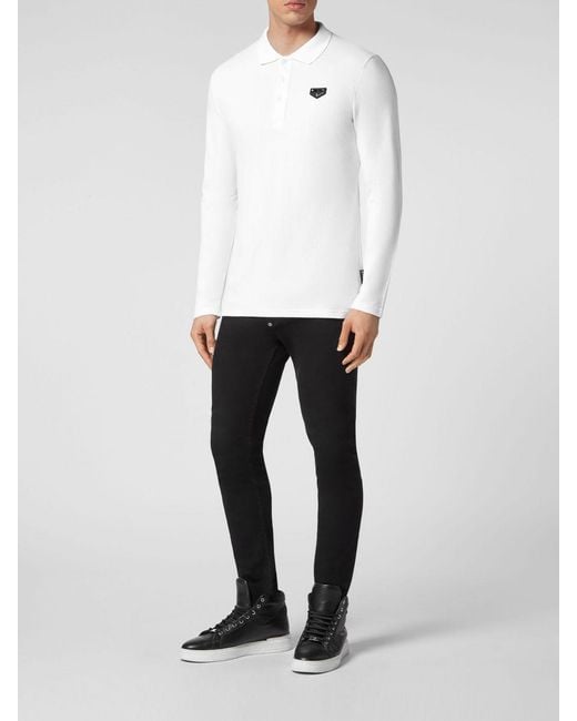 Philipp Plein White Slim Fit Long-Sleeved Cotton Polo Shirt With Applied Logo for men