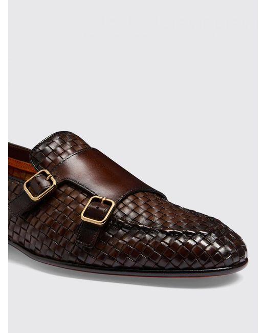 Santoni Brown Premium Leather Loafers With Woven Detail And Double Buckle Closure for men